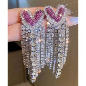Pink Heart Rhinestone Tassel Earrings, NEW
